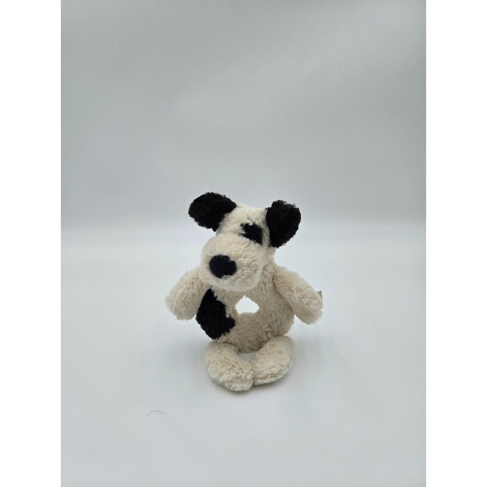 Jellycat London Bashful Black and White Puppy Dog Ring‎ Rattle Plush Toy 7"